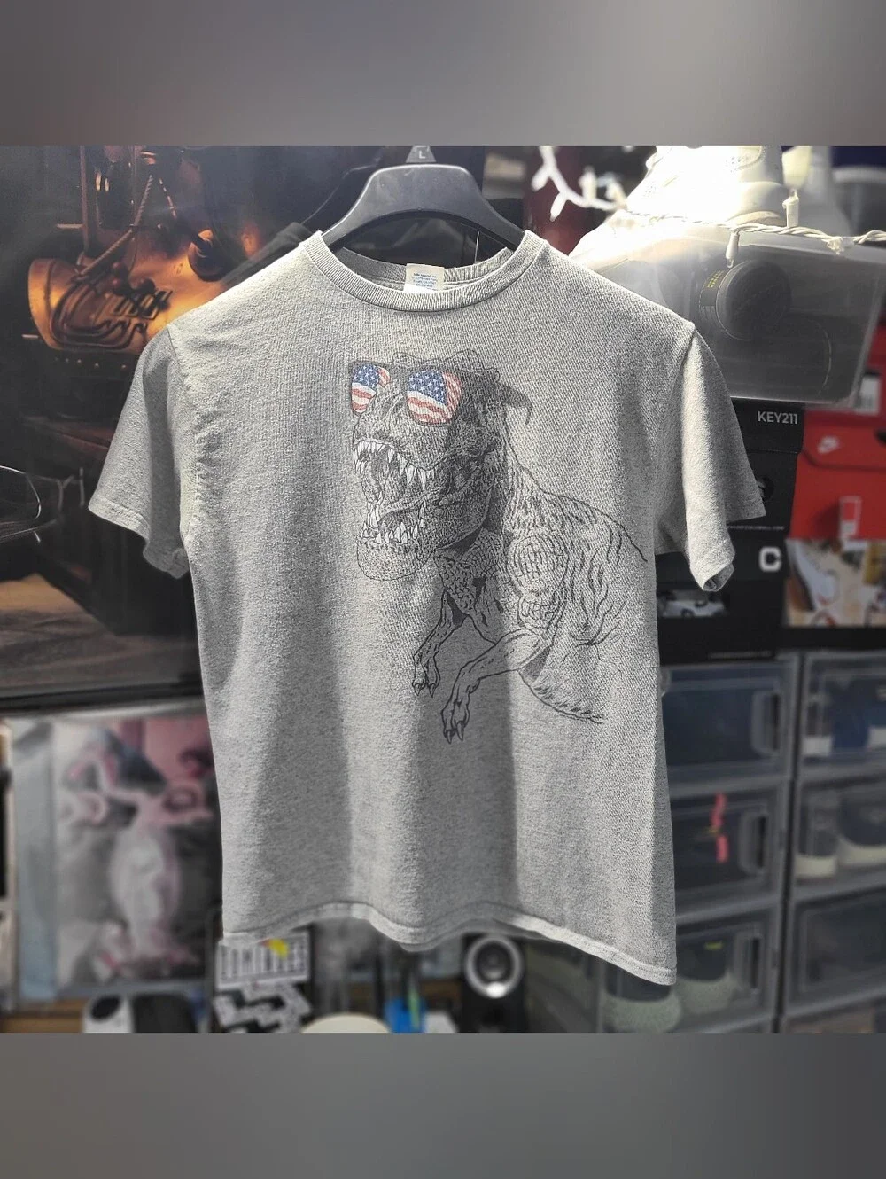 Delta Gray T‑Shirt with T‑Rex Graphic and Flag Sunglasses